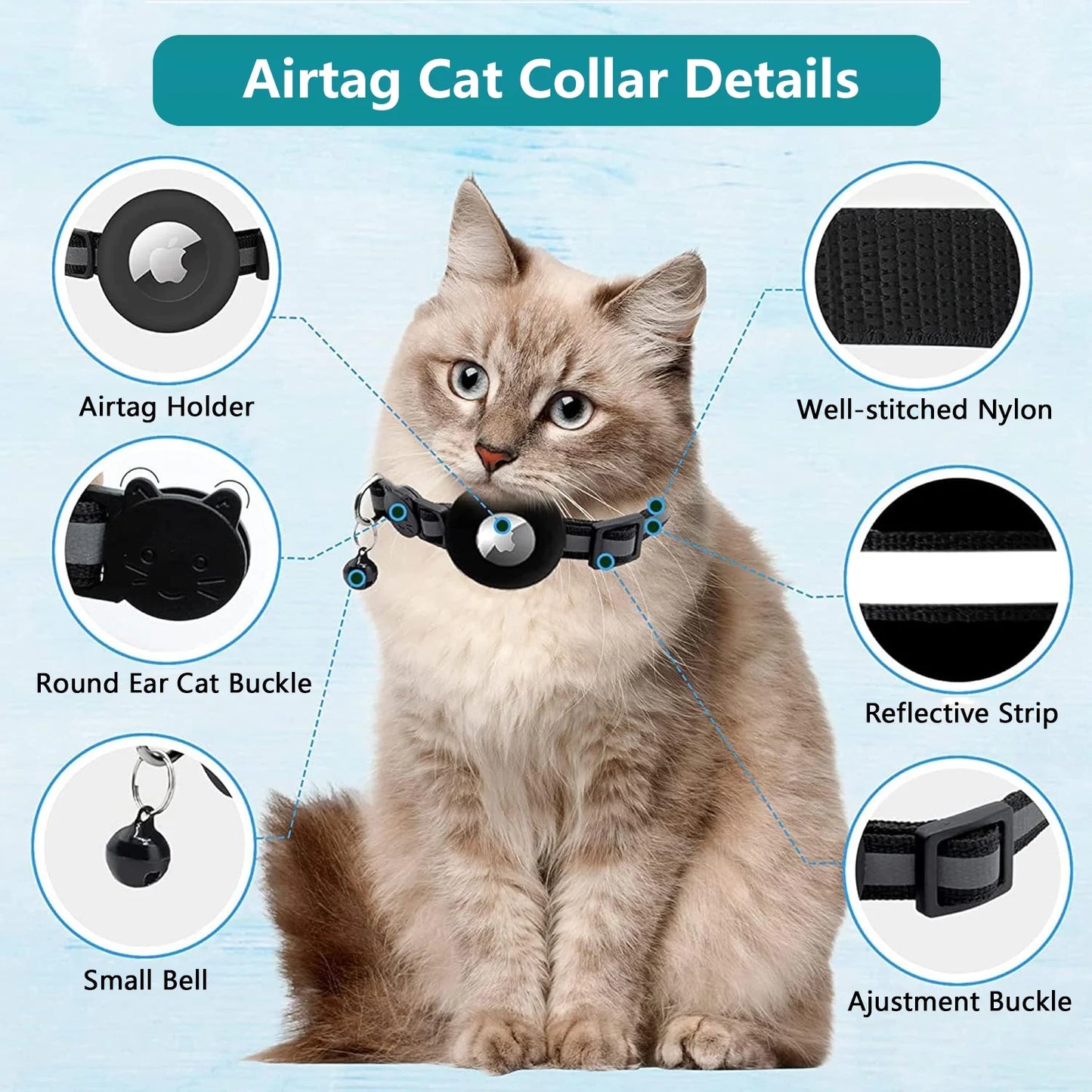2-Pack Reflective Breakaway Cat Collar with AirTag Case and Bell for Cats, Kittens, and Extra Small Dogs - Black