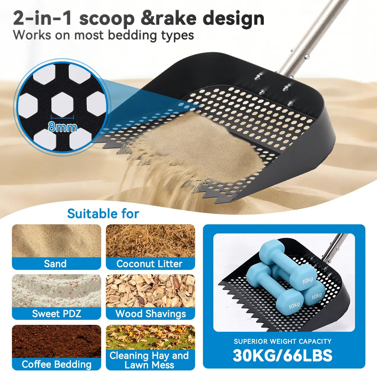 PETCOZIFE Chicken Poop Scooper & Rake（With Gloves）, 2-In-1 Metal Chicken Coop Accessori with 39" to 63" Adjustable Stainless Steel Handle, Cleaning Tools for Chicken Coops & Farm Animals Scoop