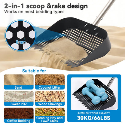 PETCOZIFE Chicken Poop Scooper & Rake（With Gloves）, 2-In-1 Metal Chicken Coop Accessori with 39" to 63" Adjustable Stainless Steel Handle, Cleaning Tools for Chicken Coops & Farm Animals Scoop