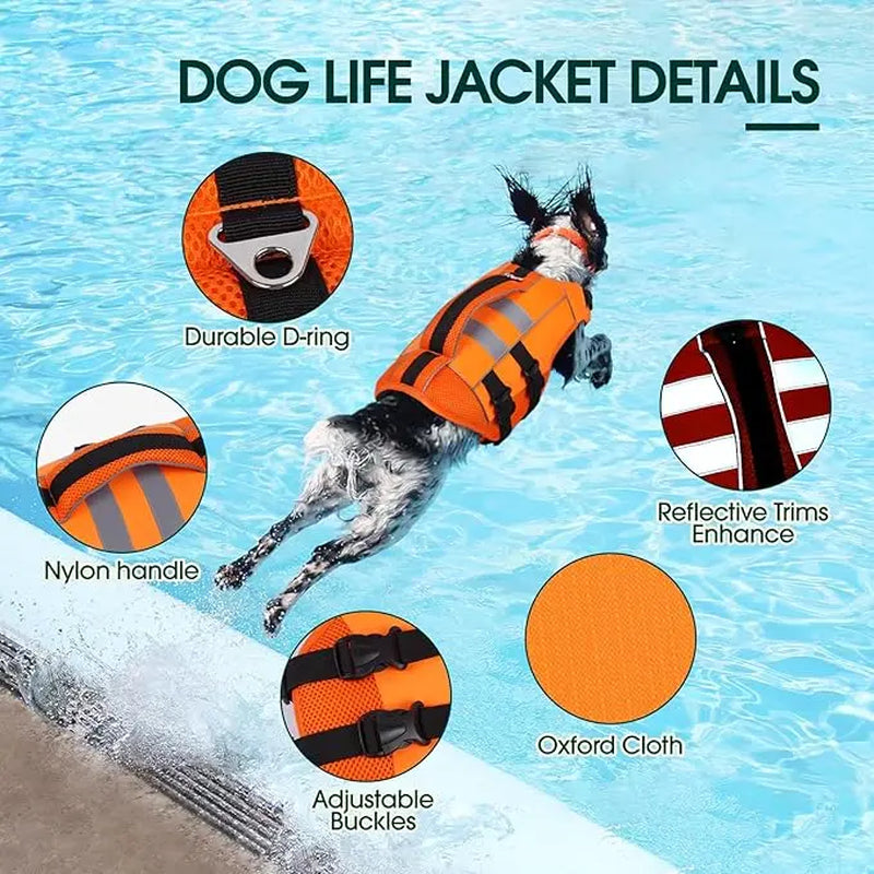 Kuoser Dog Life Jacket Large, High Flotation Puppy Safety Vest for Swimming Boating, Reflective Water Vest Pet Life Preserver with Rescue Handle