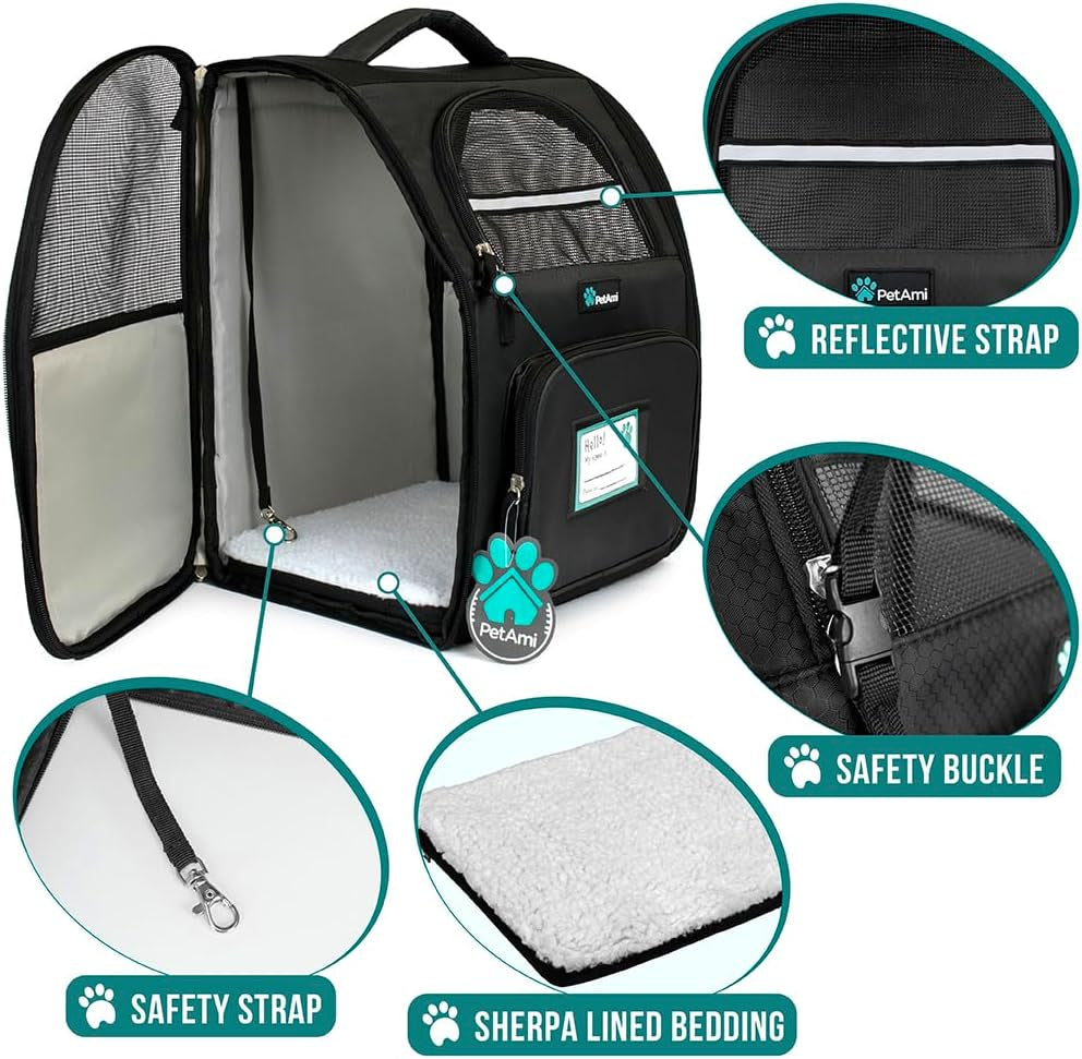 Pet Backpack Carrier for Small to Medium Dogs and Large Cats up to 18 lbs, Dual Side Entry, Structured Frame, Airline Approved Ventilated Design for Hiking, Camping, Travel, and Vet Visits, Black