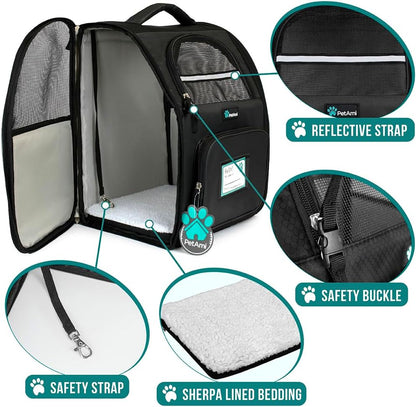 Pet Backpack Carrier for Small to Medium Dogs and Large Cats up to 18 lbs, Dual Side Entry, Structured Frame, Airline Approved Ventilated Design for Hiking, Camping, Travel, and Vet Visits, Black