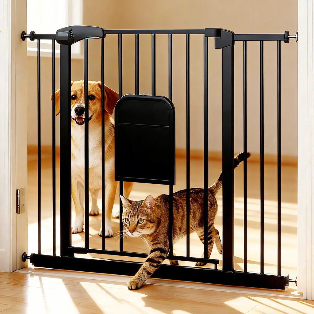 Adjustable Pet Gate with Cat Door, Auto-Close Pressure-Mounted Safety Gate for Doorways & Stairs – Ideal for Multi-Pet Homes (29–45 Inches, White/Black)