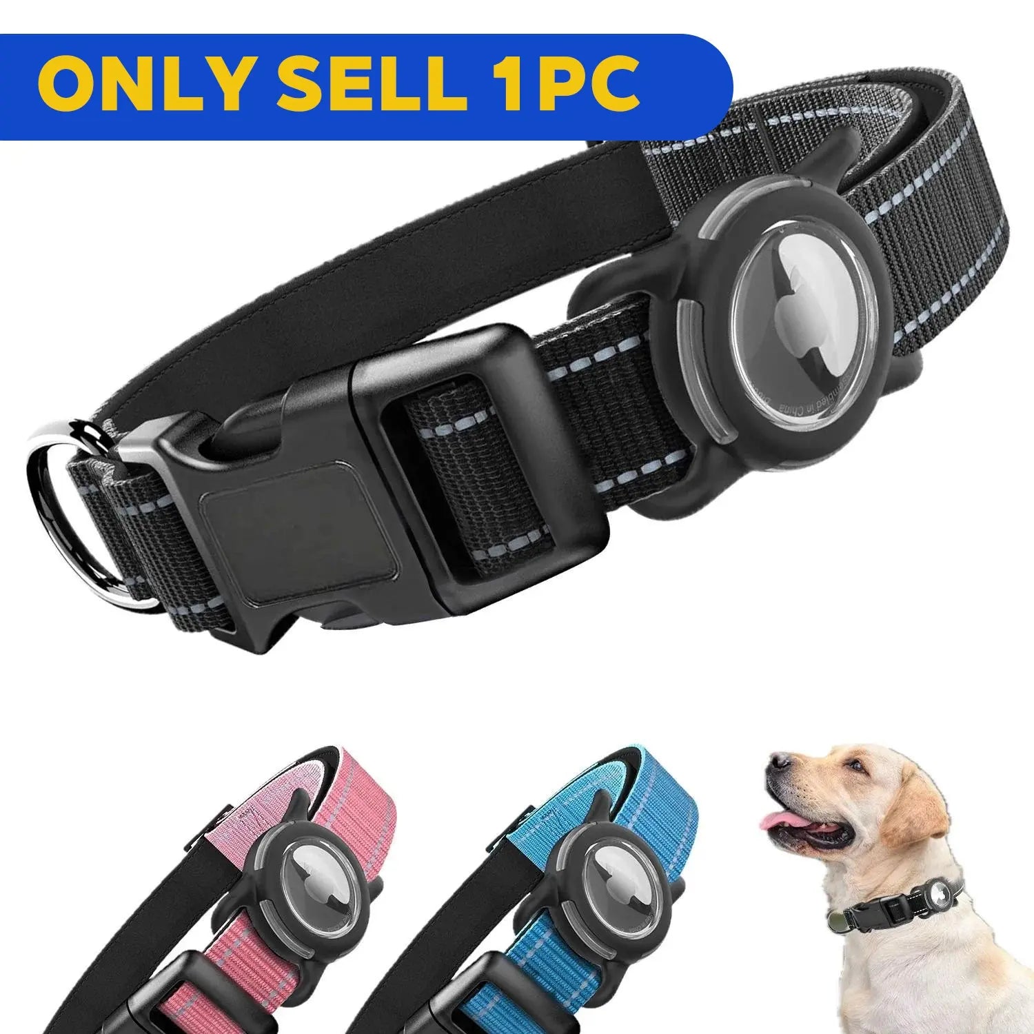 Airtag-Compatible Waterproof Dog Collar with Reflective Soft Padding and Adjustable Fit for Large Breeds