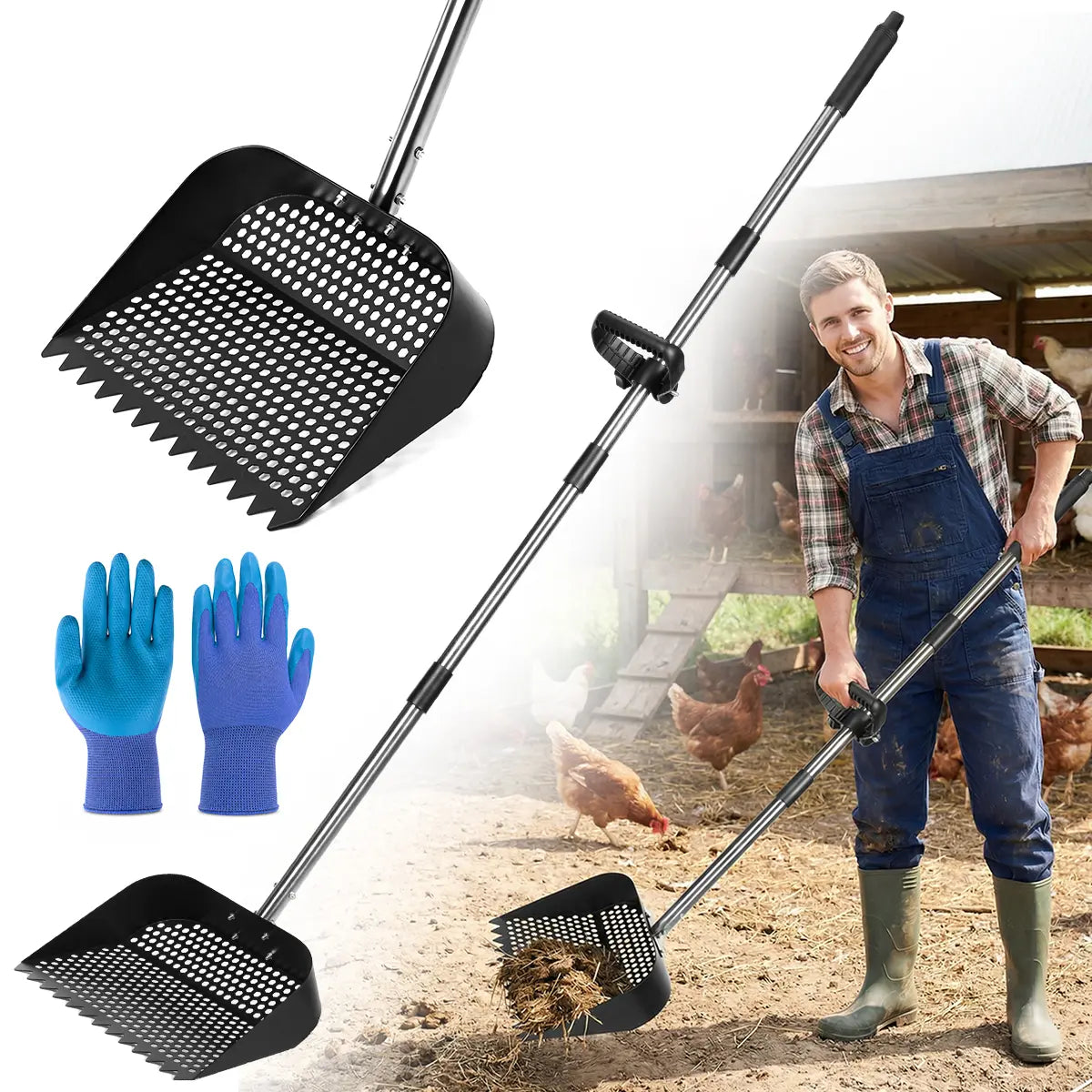 PETCOZIFE Chicken Poop Scooper & Rake（With Gloves）, 2-In-1 Metal Chicken Coop Accessori with 39" to 63" Adjustable Stainless Steel Handle, Cleaning Tools for Chicken Coops & Farm Animals Scoop