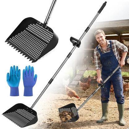 PETCOZIFE Chicken Poop Scooper & Rake（With Gloves）, 2-In-1 Metal Chicken Coop Accessori with 39" to 63" Adjustable Stainless Steel Handle, Cleaning Tools for Chicken Coops & Farm Animals Scoop