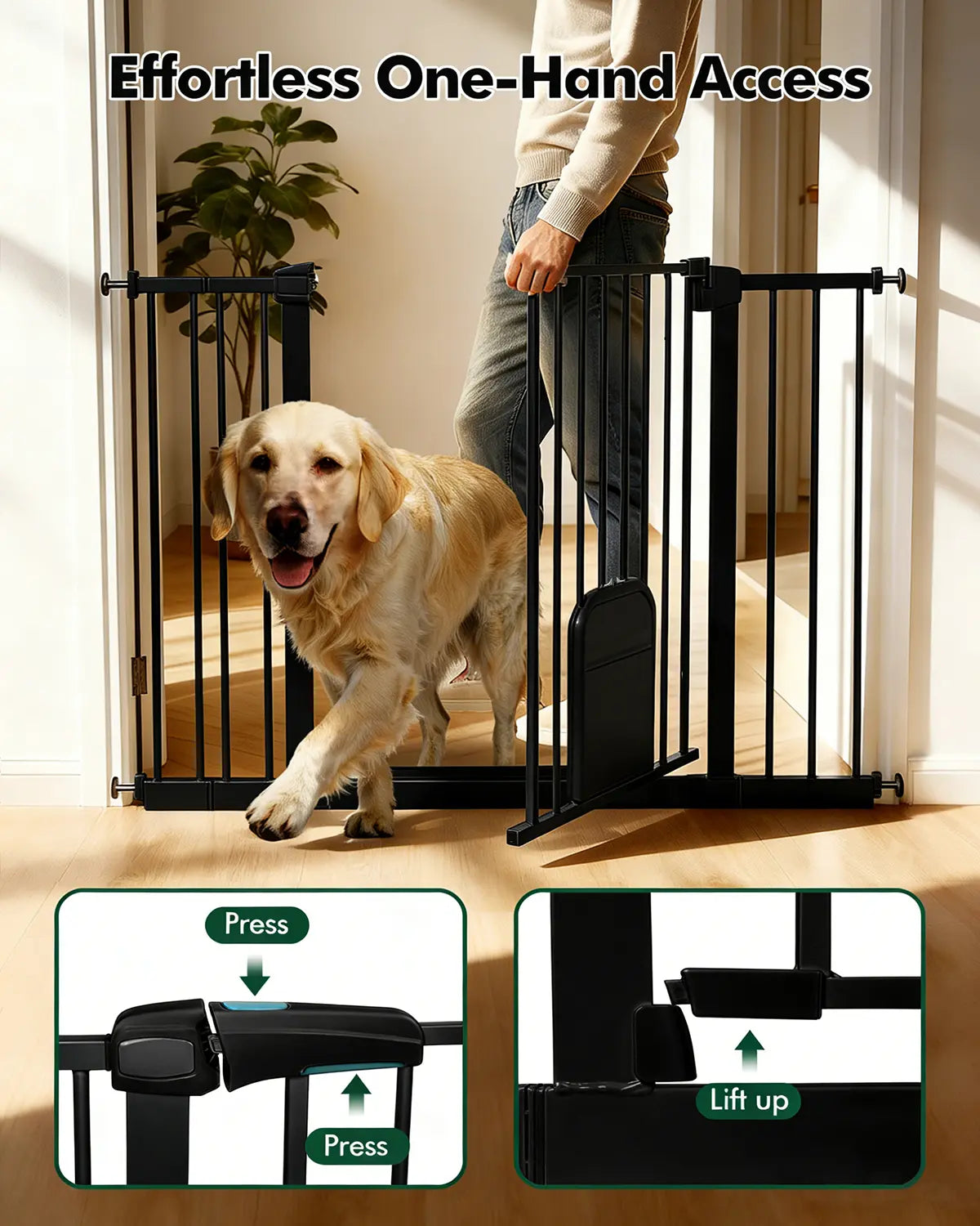 Adjustable Pet Gate with Cat Door, Auto-Close Pressure-Mounted Safety Gate for Doorways & Stairs – Ideal for Multi-Pet Homes (29–45 Inches, White/Black)
