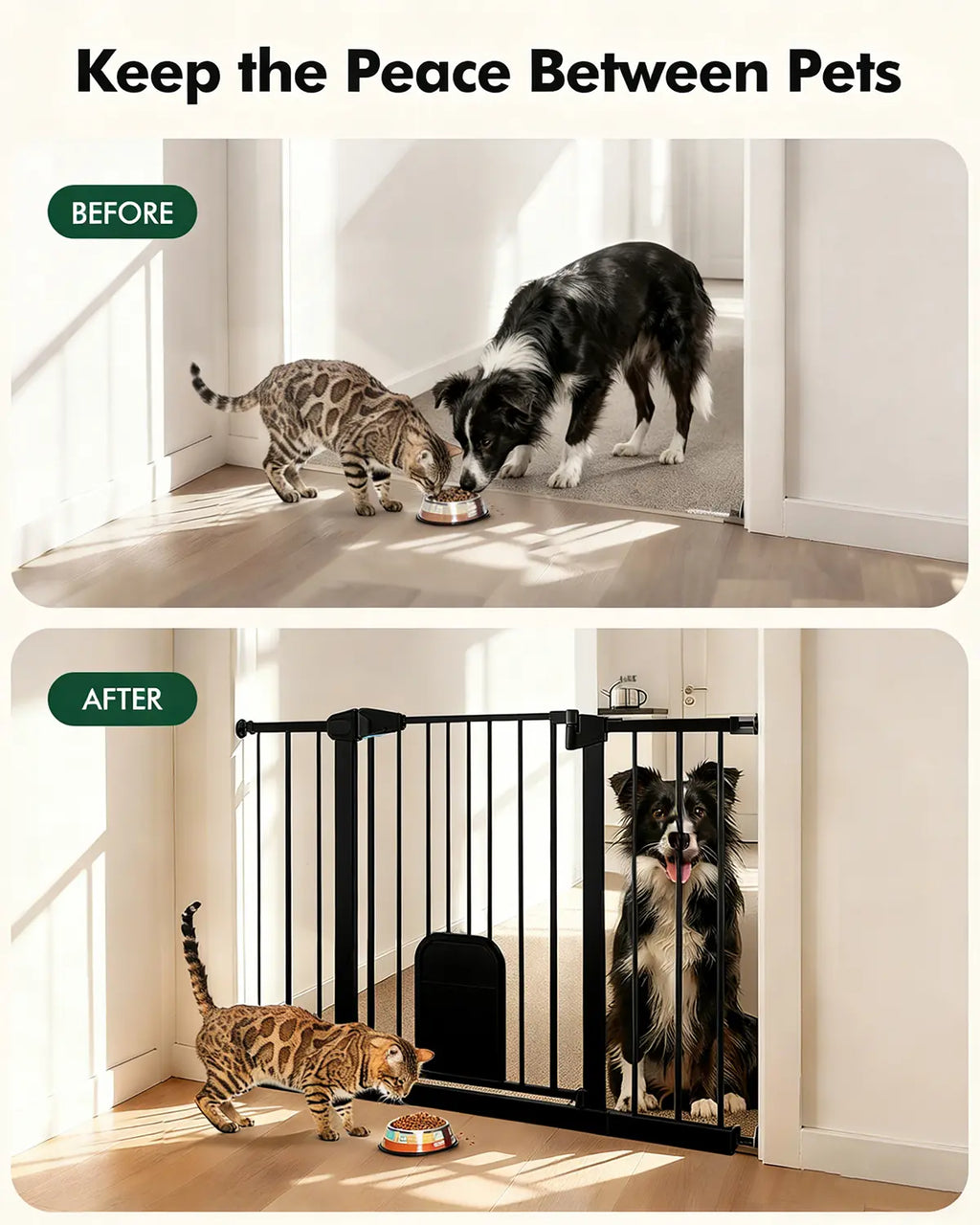 Adjustable Pet Gate with Cat Door, Auto-Close Pressure-Mounted Safety Gate for Doorways & Stairs – Ideal for Multi-Pet Homes (29–45 Inches, White/Black)