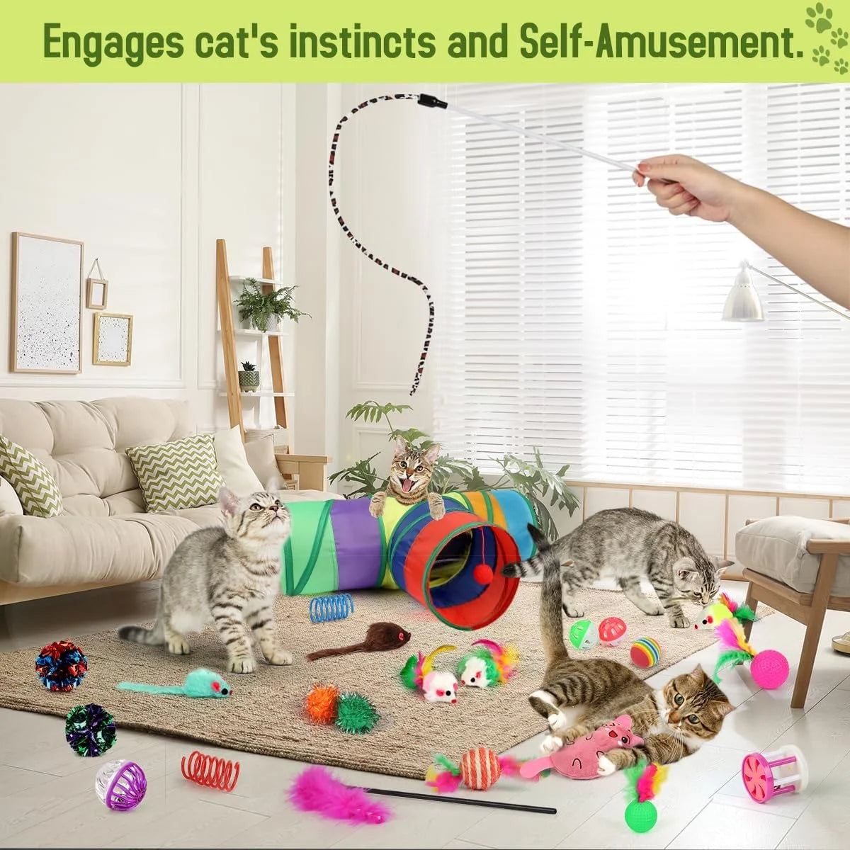 32-Piece Interactive Cat Toy Set with Catnip, Collapsible Rainbow Tunnel, Feather Teaser, Crinkle Balls, and Spring Toys for Cats and Kittens