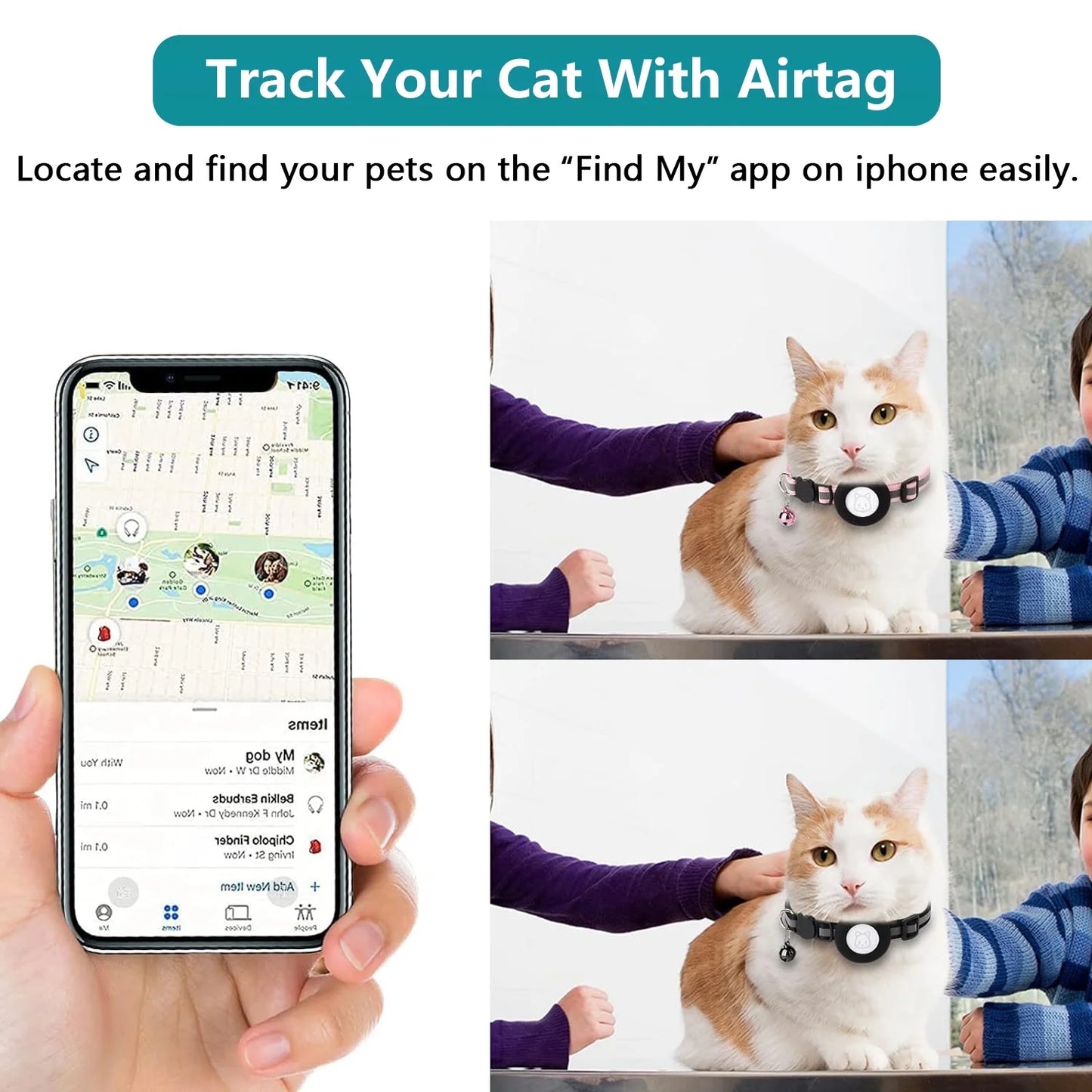 2-Pack Reflective Breakaway Cat Collar with AirTag Case and Bell for Cats, Kittens, and Extra Small Dogs - Black