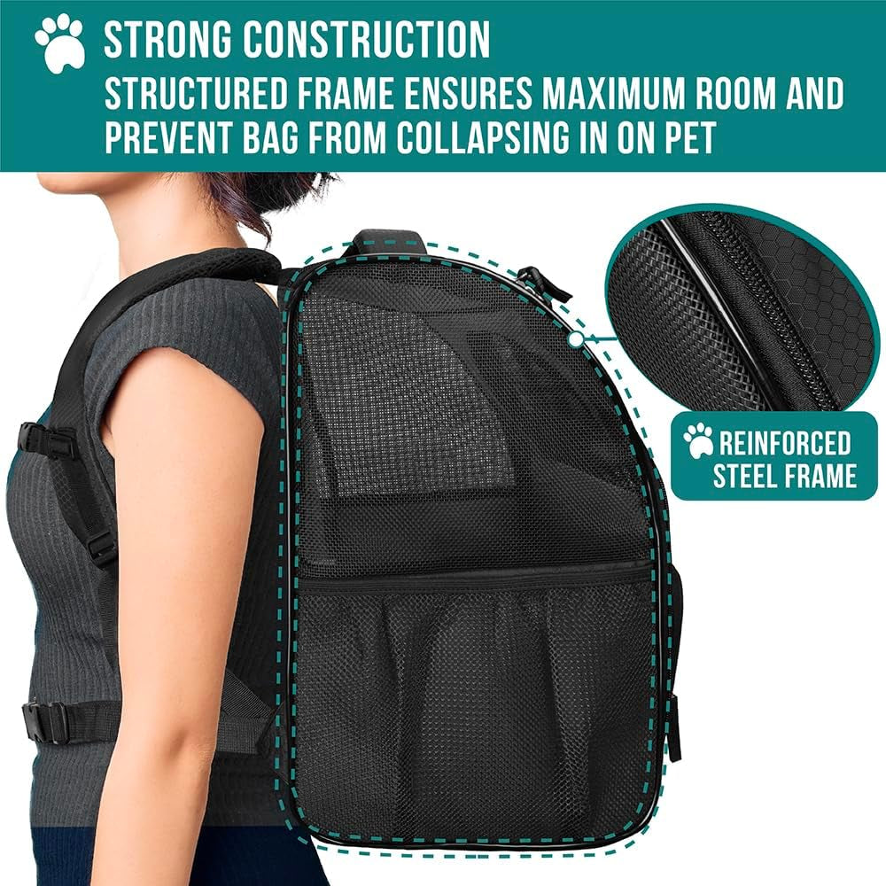 Pet Backpack Carrier for Small to Medium Dogs and Large Cats up to 18 lbs, Dual Side Entry, Structured Frame, Airline Approved Ventilated Design for Hiking, Camping, Travel, and Vet Visits, Black