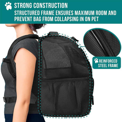 Pet Backpack Carrier for Small to Medium Dogs and Large Cats up to 18 lbs, Dual Side Entry, Structured Frame, Airline Approved Ventilated Design for Hiking, Camping, Travel, and Vet Visits, Black
