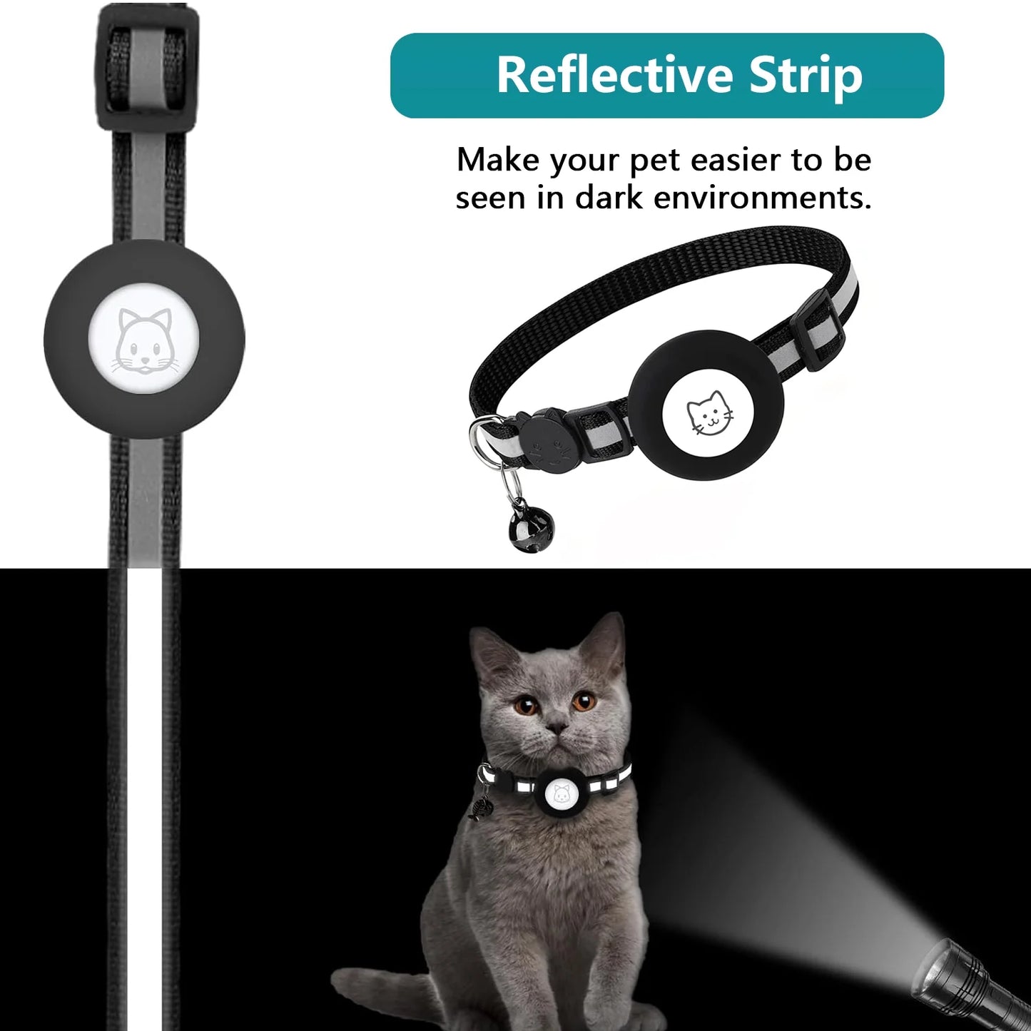 2-Pack Reflective Breakaway Cat Collar with AirTag Case and Bell for Cats, Kittens, and Extra Small Dogs - Black