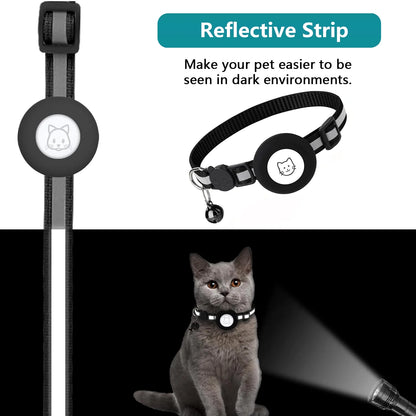 2-Pack Reflective Breakaway Cat Collar with AirTag Case and Bell for Cats, Kittens, and Extra Small Dogs - Black