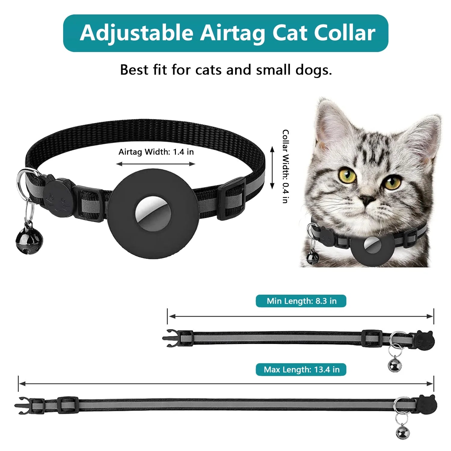 2-Pack Reflective Breakaway Cat Collar with AirTag Case and Bell for Cats, Kittens, and Extra Small Dogs - Black