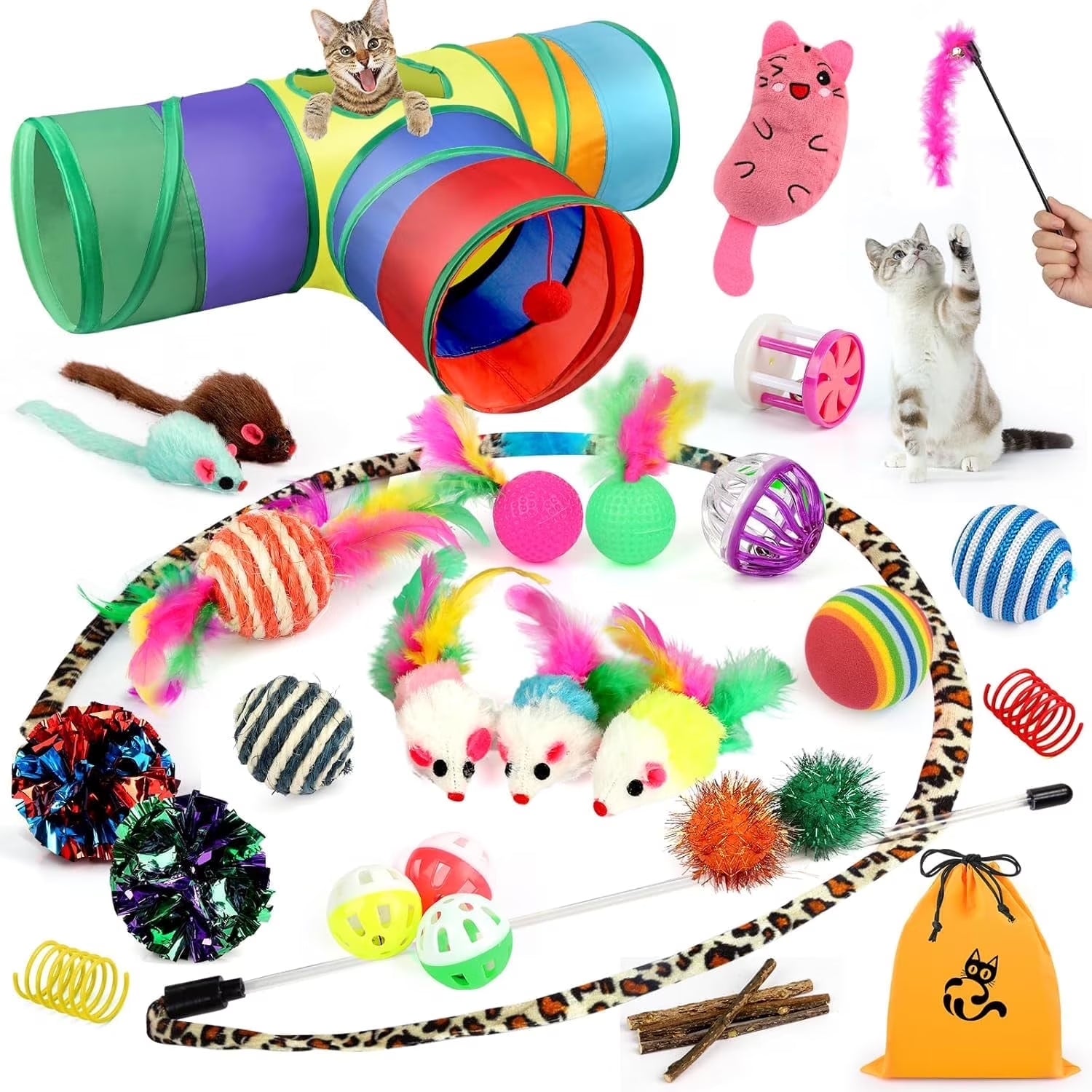 32-Piece Interactive Cat Toy Set with Catnip, Collapsible Rainbow Tunnel, Feather Teaser, Crinkle Balls, and Spring Toys for Cats and Kittens