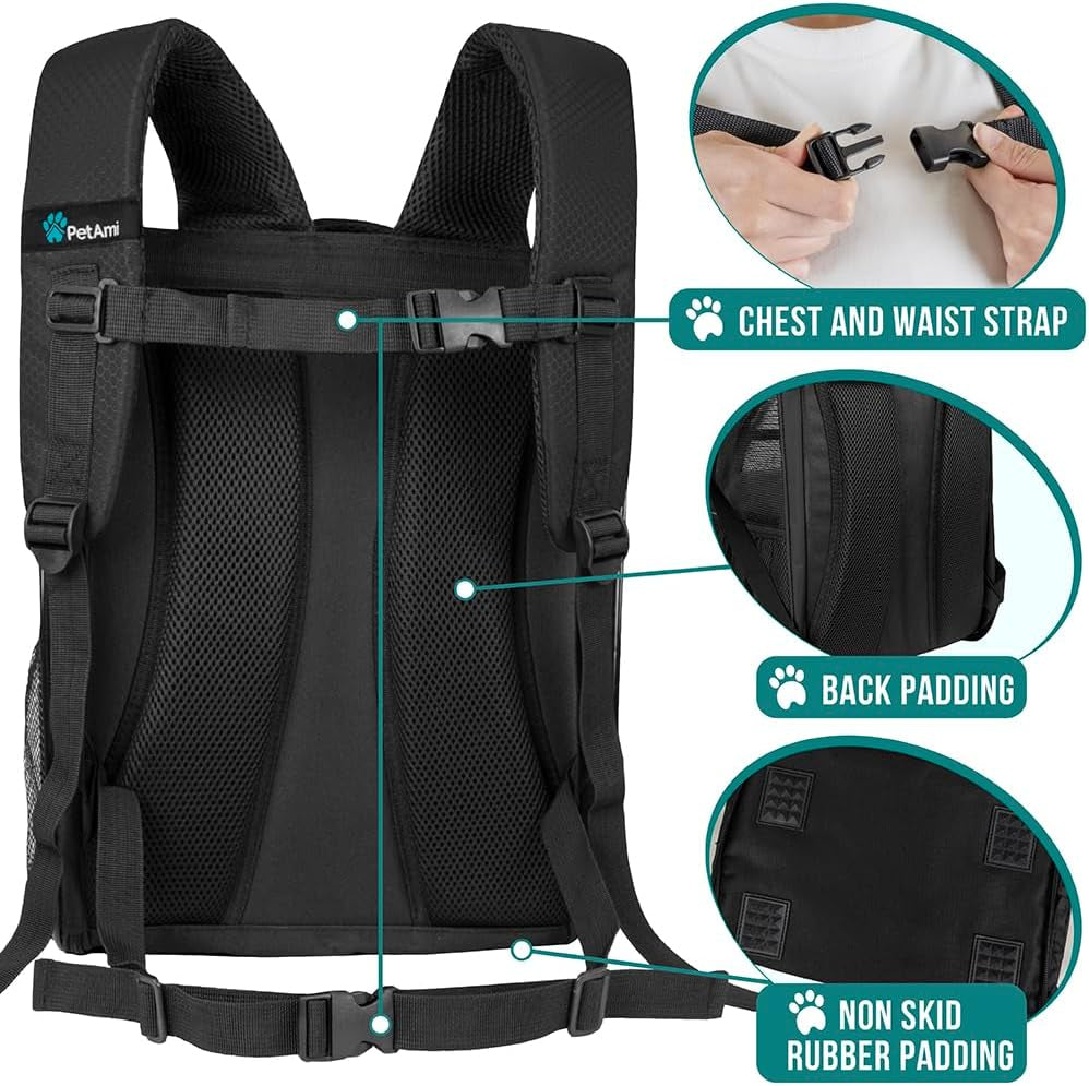 Pet Backpack Carrier for Small to Medium Dogs and Large Cats up to 18 lbs, Dual Side Entry, Structured Frame, Airline Approved Ventilated Design for Hiking, Camping, Travel, and Vet Visits, Black