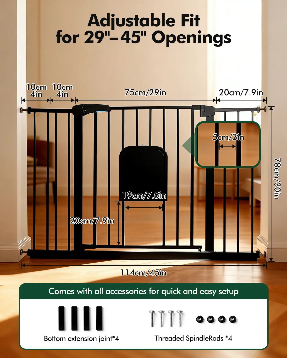 Adjustable Pet Gate with Cat Door, Auto-Close Pressure-Mounted Safety Gate for Doorways & Stairs – Ideal for Multi-Pet Homes (29–45 Inches, White/Black)