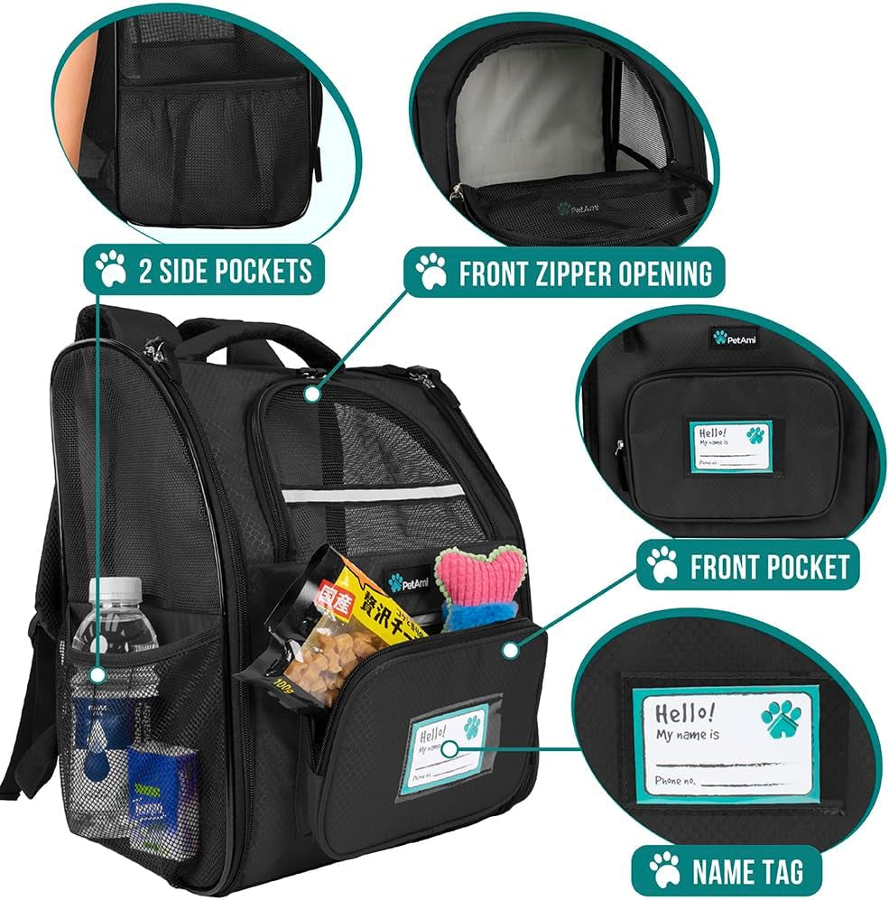 Pet Backpack Carrier for Small to Medium Dogs and Large Cats up to 18 lbs, Dual Side Entry, Structured Frame, Airline Approved Ventilated Design for Hiking, Camping, Travel, and Vet Visits, Black