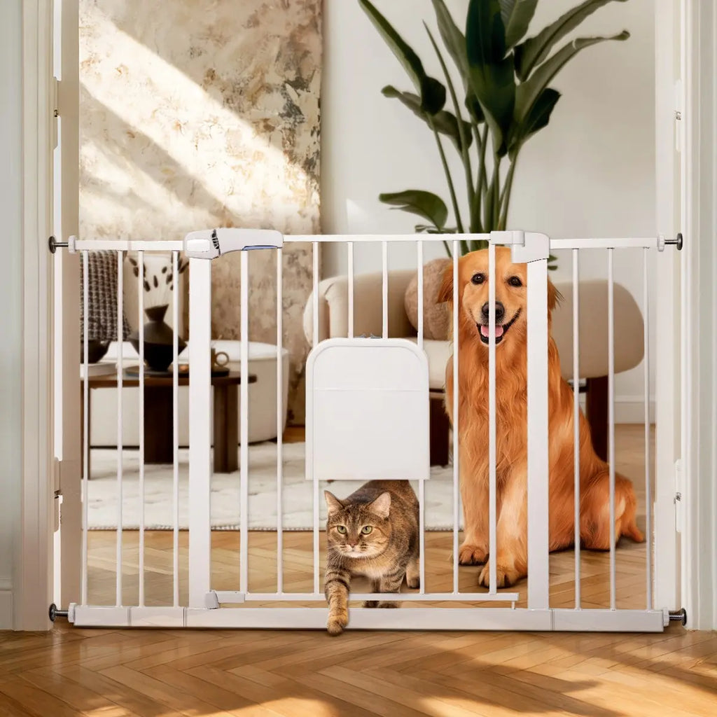 Adjustable Pet Gate with Cat Door, Auto-Close Pressure-Mounted Safety Gate for Doorways & Stairs – Ideal for Multi-Pet Homes (29–45 Inches, White/Black)