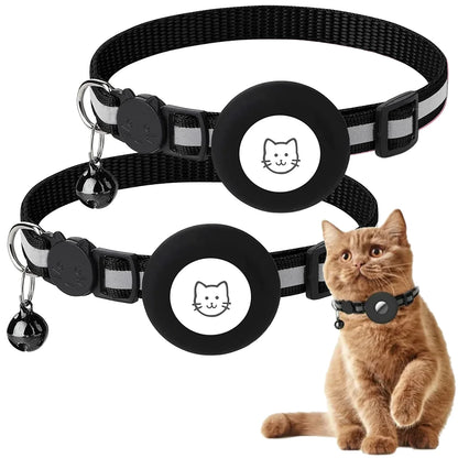 2-Pack Reflective Breakaway Cat Collar with AirTag Case and Bell for Cats, Kittens, and Extra Small Dogs - Black