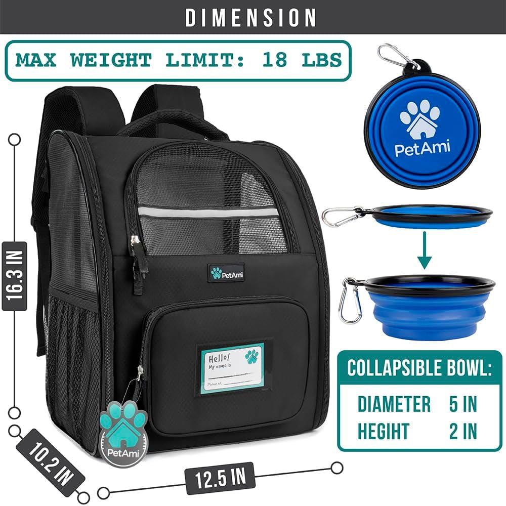 Pet Backpack Carrier for Small to Medium Dogs and Large Cats up to 18 lbs, Dual Side Entry, Structured Frame, Airline Approved Ventilated Design for Hiking, Camping, Travel, and Vet Visits, Black