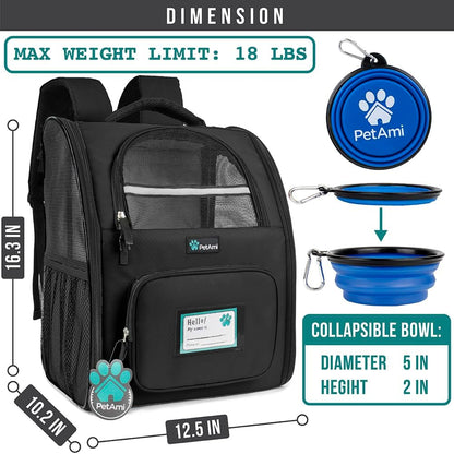 Pet Backpack Carrier for Small to Medium Dogs and Large Cats up to 18 lbs, Dual Side Entry, Structured Frame, Airline Approved Ventilated Design for Hiking, Camping, Travel, and Vet Visits, Black