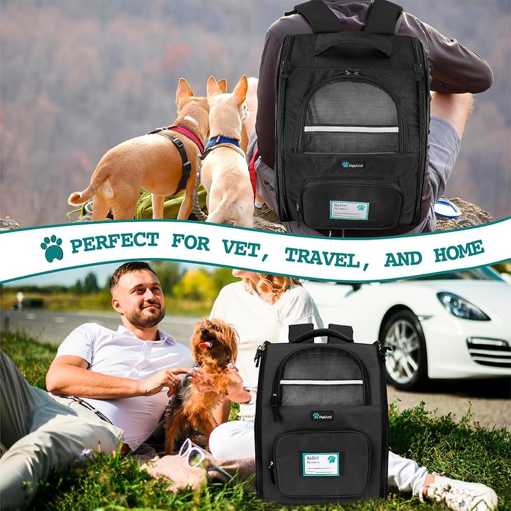 Pet Backpack Carrier for Small to Medium Dogs and Large Cats up to 18 lbs, Dual Side Entry, Structured Frame, Airline Approved Ventilated Design for Hiking, Camping, Travel, and Vet Visits, Black
