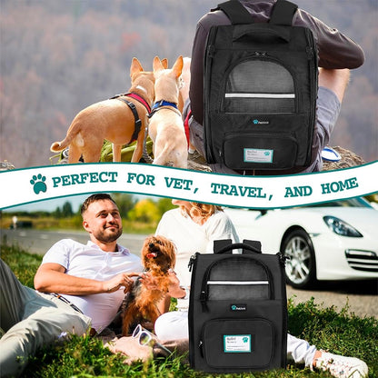Pet Backpack Carrier for Small to Medium Dogs and Large Cats up to 18 lbs, Dual Side Entry, Structured Frame, Airline Approved Ventilated Design for Hiking, Camping, Travel, and Vet Visits, Black